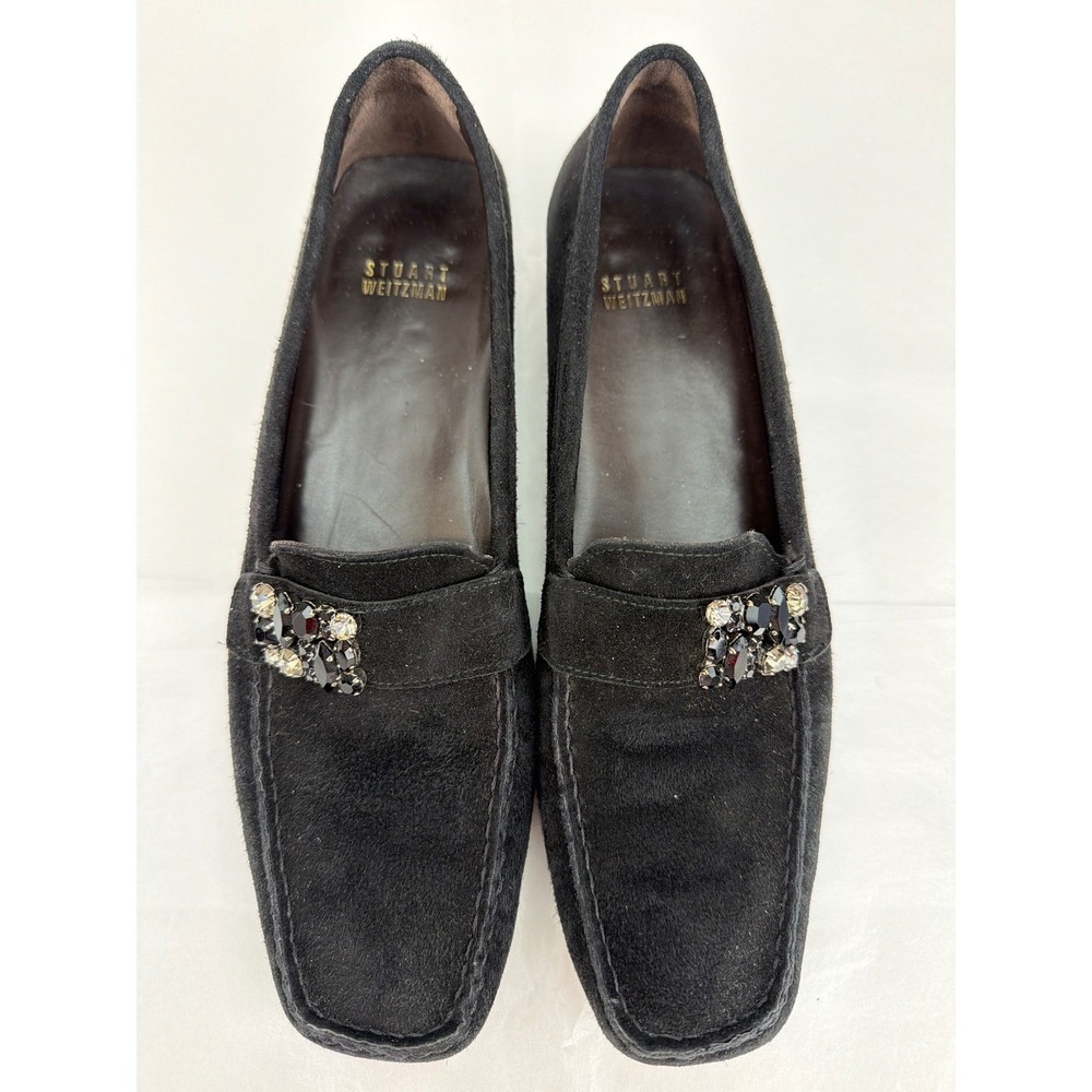 Stuart Weitzman Loafers Women 8.5N Black Suede Crystal Square Toe Career